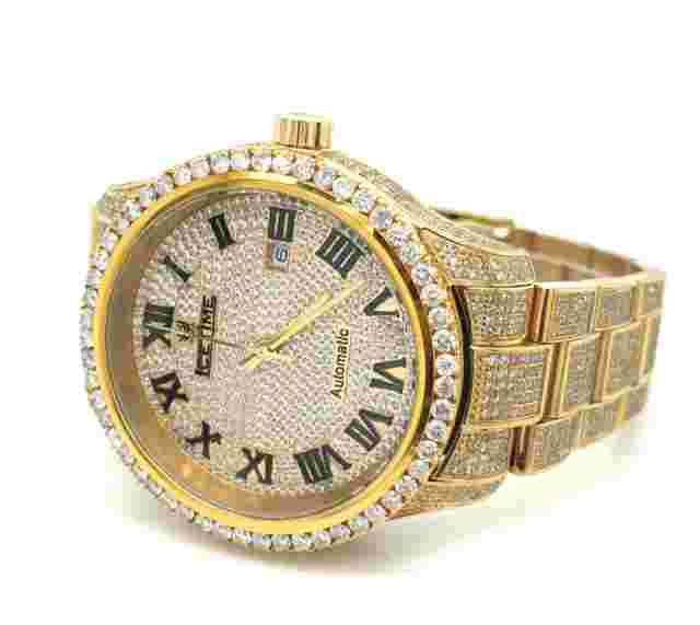 Ice Time 41mm Men's Automatic GOLD PLATED Steel Watch Iced Out 12ct Diamonds