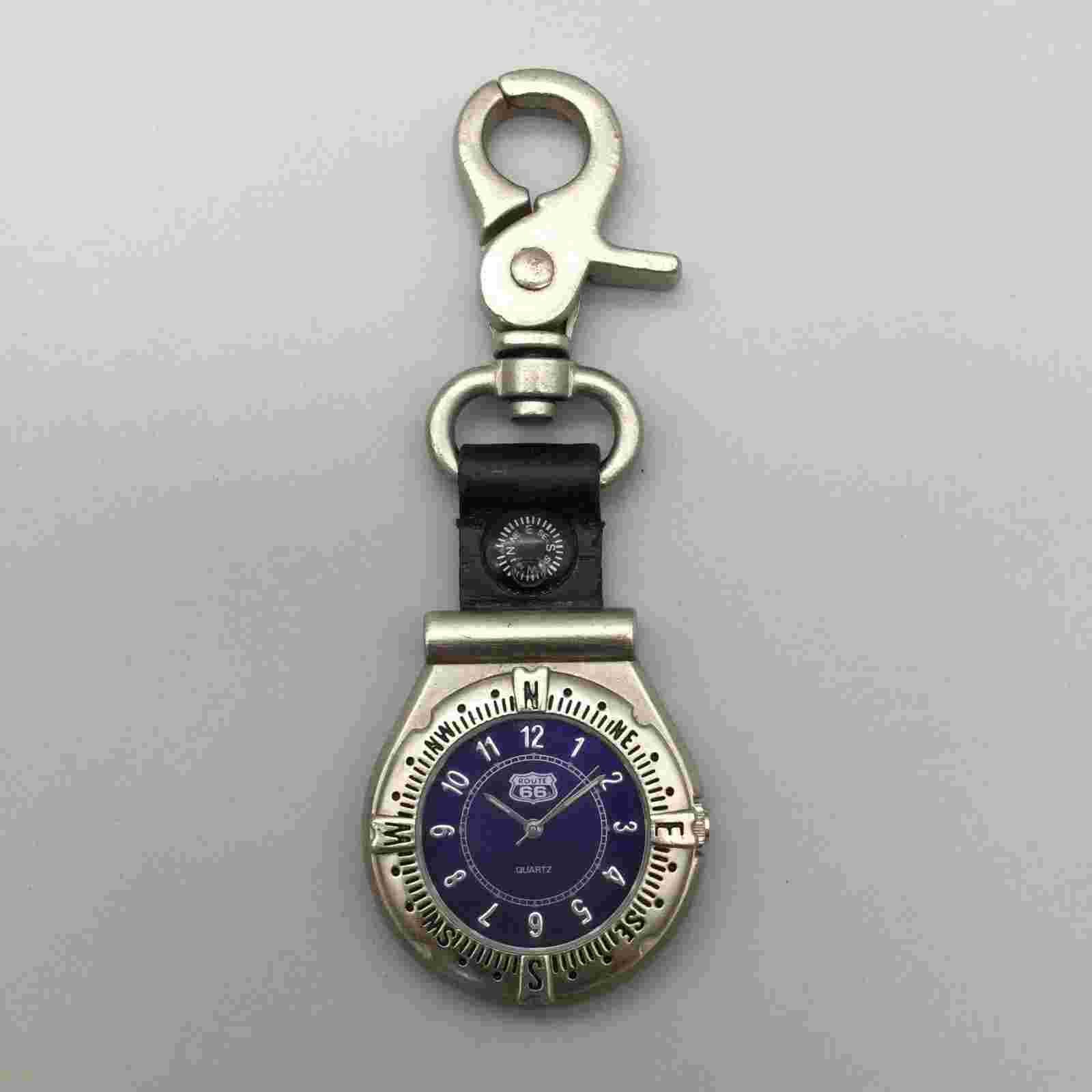Vintage Route 66 Carabiner Pocket Watch Men 43mm Silver Tone Compass New Battery