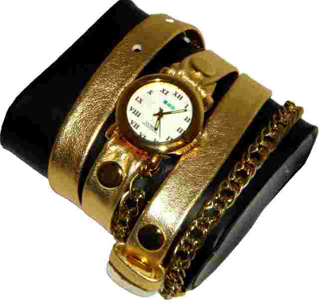 La Mer Collections Yellow Gold Leather Strap Chain Wrap Watch 28mm Round Roman