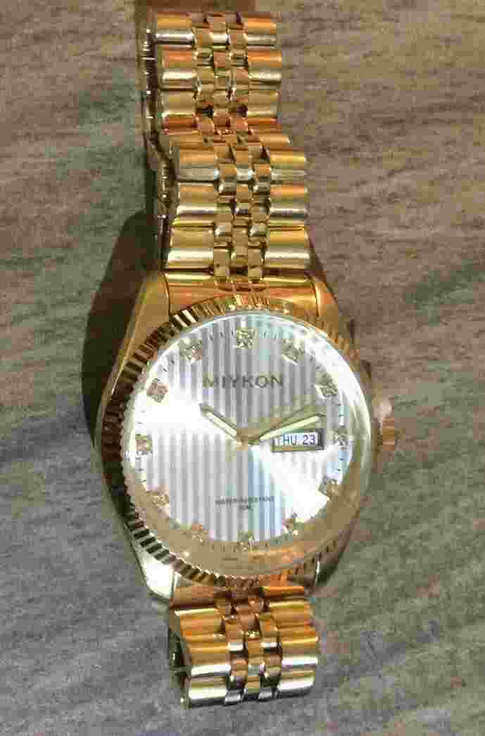 Miykon Men's Watch Oversize Silver Dial Gold Linked Band New Style Waterproof!