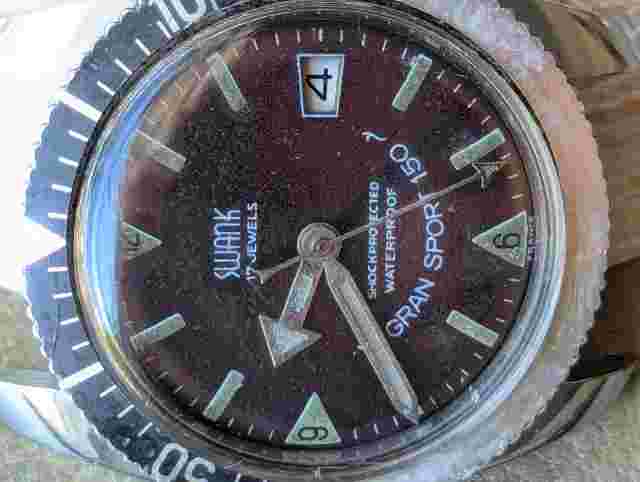 Vintage 1970's Swank Gran Sport 150 French Diver w/Tropical Brown Dial,Patina