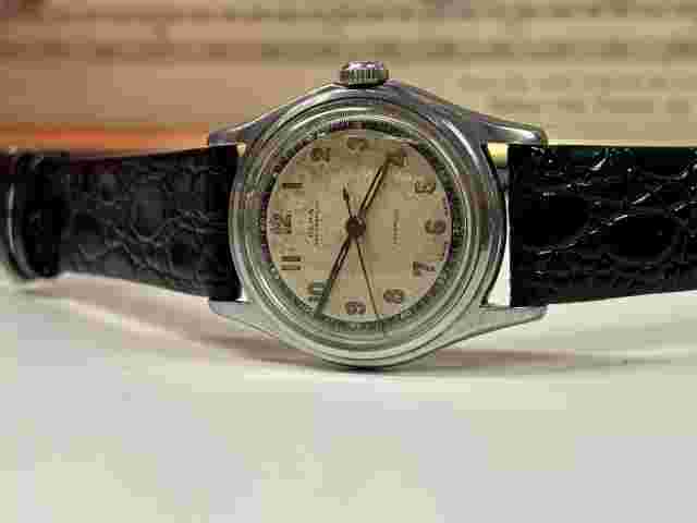 Men’s Vintage Olma Military Pilot Style Bullseye Dial Red Pointer Patina Watch