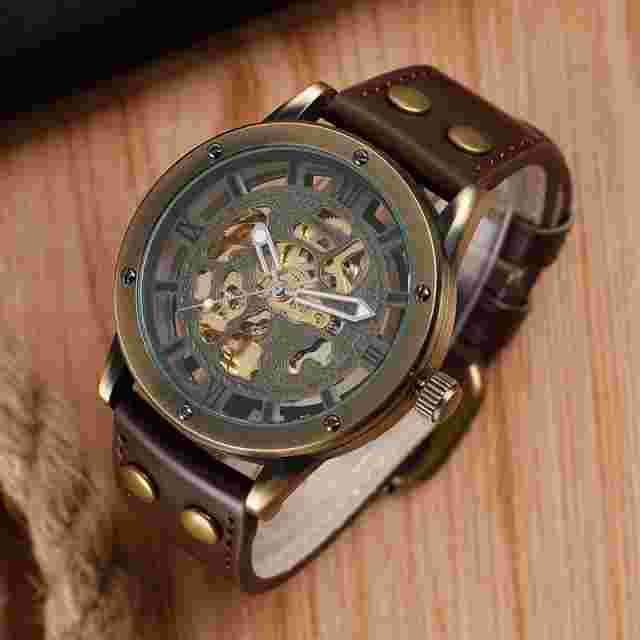 SHENHUA Men's Automatic Mechanical Skeleton Wrist Watch Brown Leather Band Watch