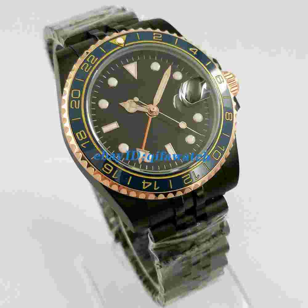 40mm sterile black PVD GMT dial automatic sapphire glass date gift mens watch