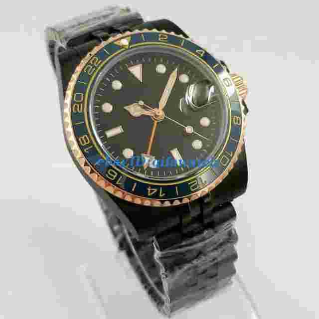 40mm sterile black PVD GMT dial automatic sapphire glass date gift mens watch