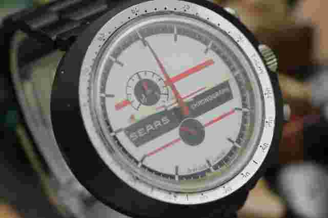 Vintage SEARS By HEUER Chronograph Acrylic Case White Dial Men's Sport Watch