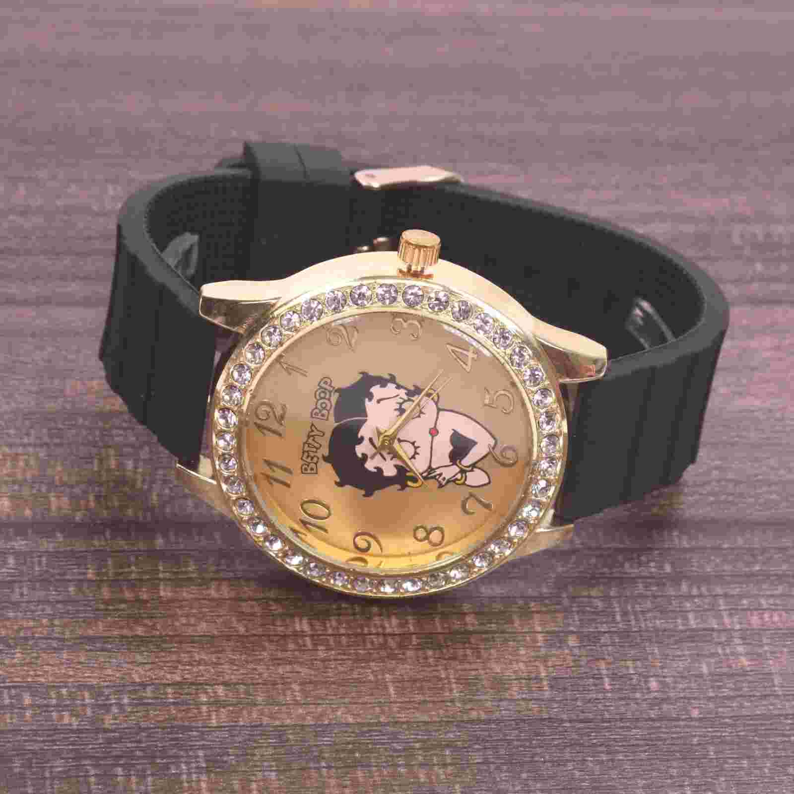Betty Boop Women's Gold Finish Analog Wristwatch Black Silicone Band