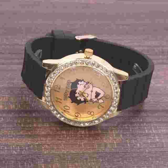 Betty Boop Women's Gold Finish Analog Wristwatch Black Silicone Band
