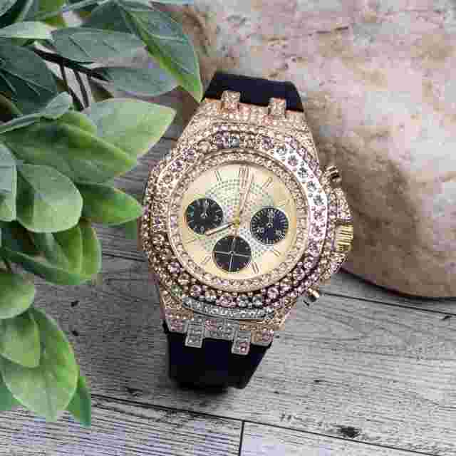 Montres Carlo Men's Hip Hop Rapper Luxury Stones Dress Wrist Watch Gold Finish