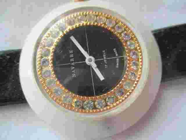 Navarre Swiss Wristwatch Round Black Face Black Buckle Band Gold Tone Rhinestone