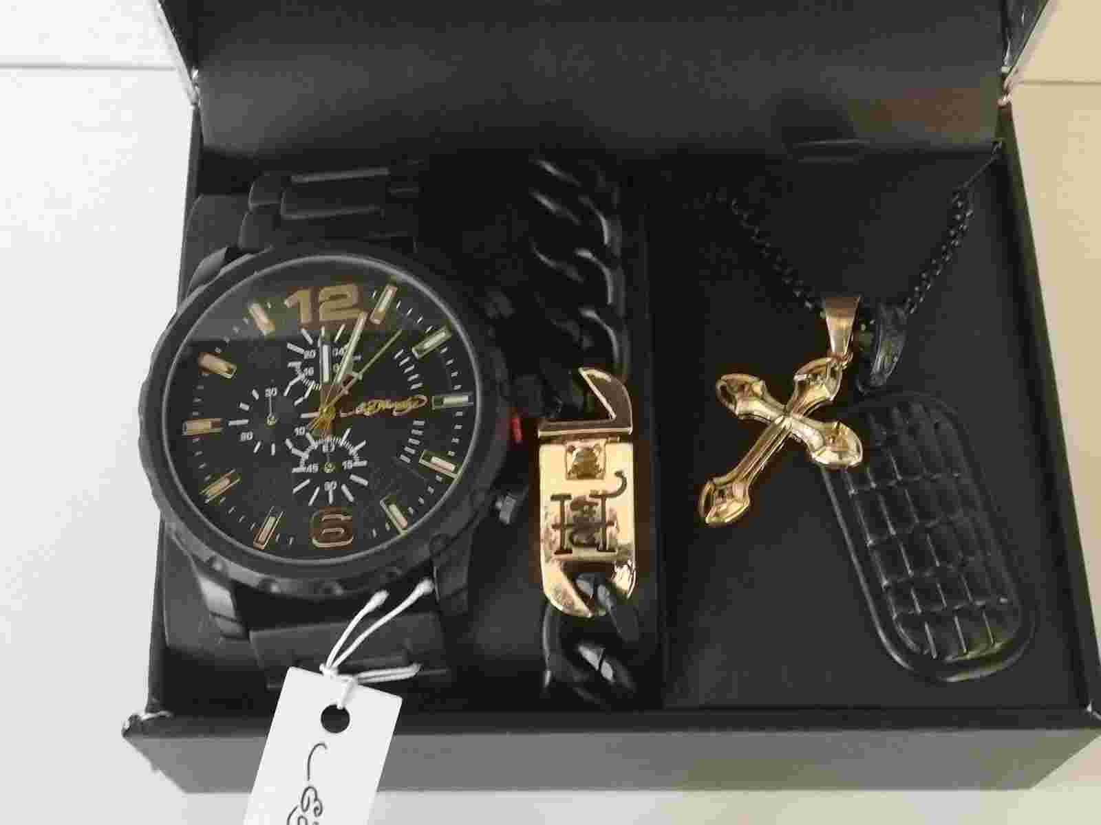 Ed Hardy Men’s Watch /Bracelet /Stainless Steel Necklace Gift Set New