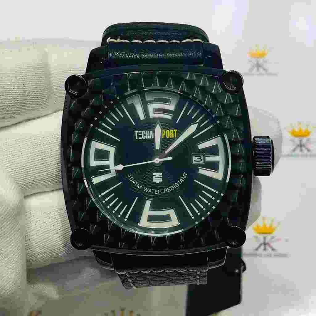 TechnoSport Black Ion Stainless Steel Large Dial Genuine Black Leather Watch