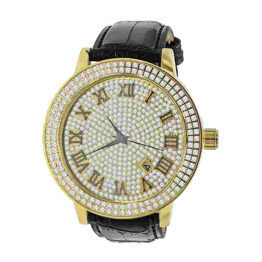 2 Row Bezel Gold Finish Men's  Simulated Diamonds Dial Black Leather Watch Band