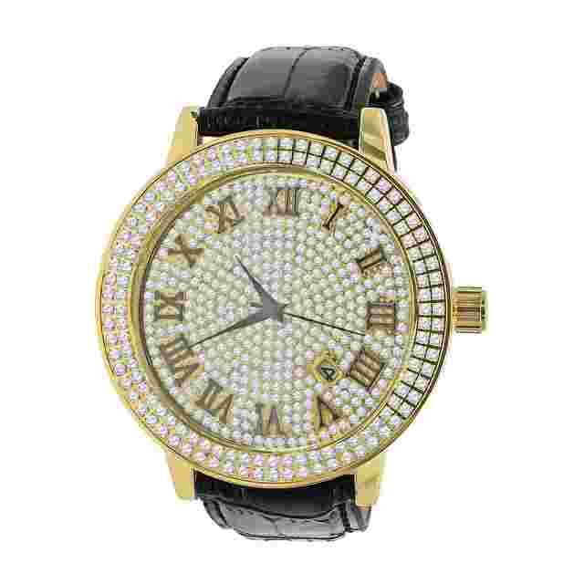 2 Row Bezel Gold Finish Men's  Simulated Diamonds Dial Black Leather Watch Band