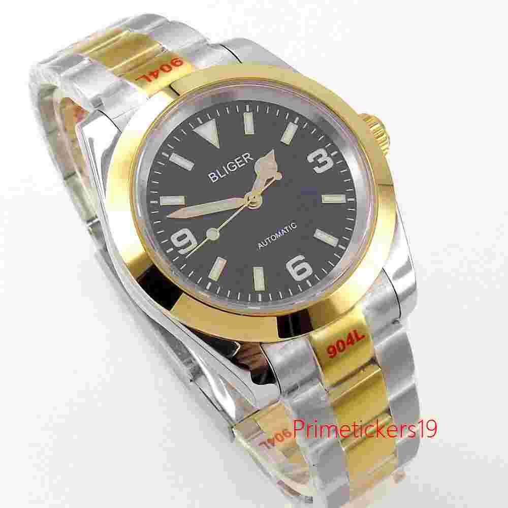 Polished Automatic Men Watch PT5000 NH35A Sapphire Black Dial Two Tone Bracelet