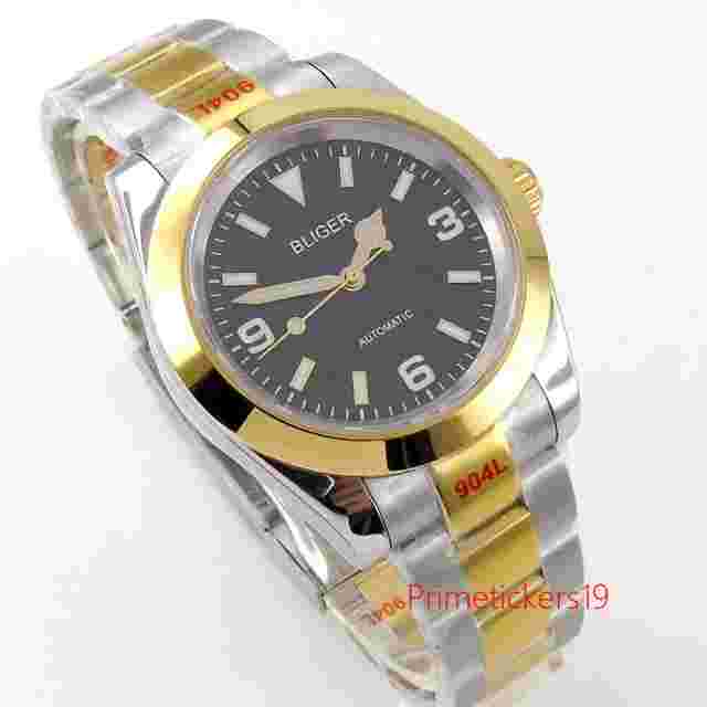 Polished Automatic Men Watch PT5000 NH35A Sapphire Black Dial Two Tone Bracelet