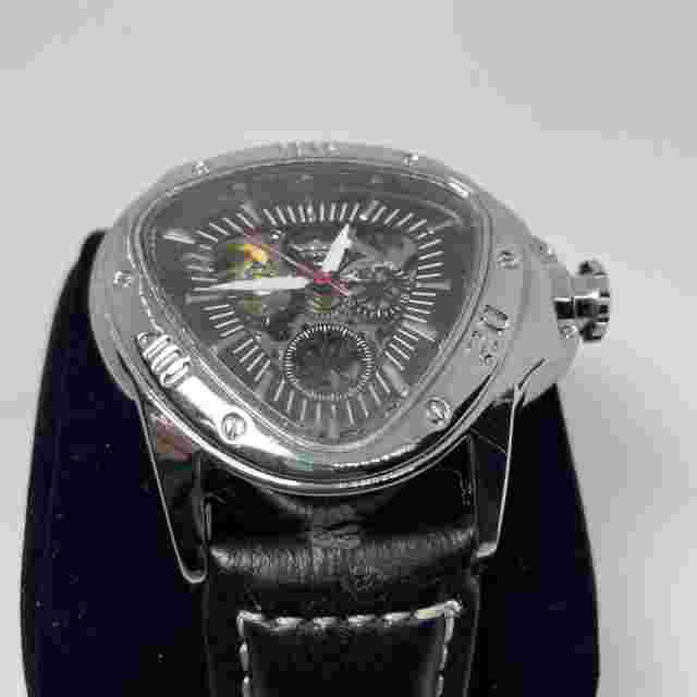Winner Automatic Skeleton Watch Men 53mm Silver Triangle Dial Glass Scratch