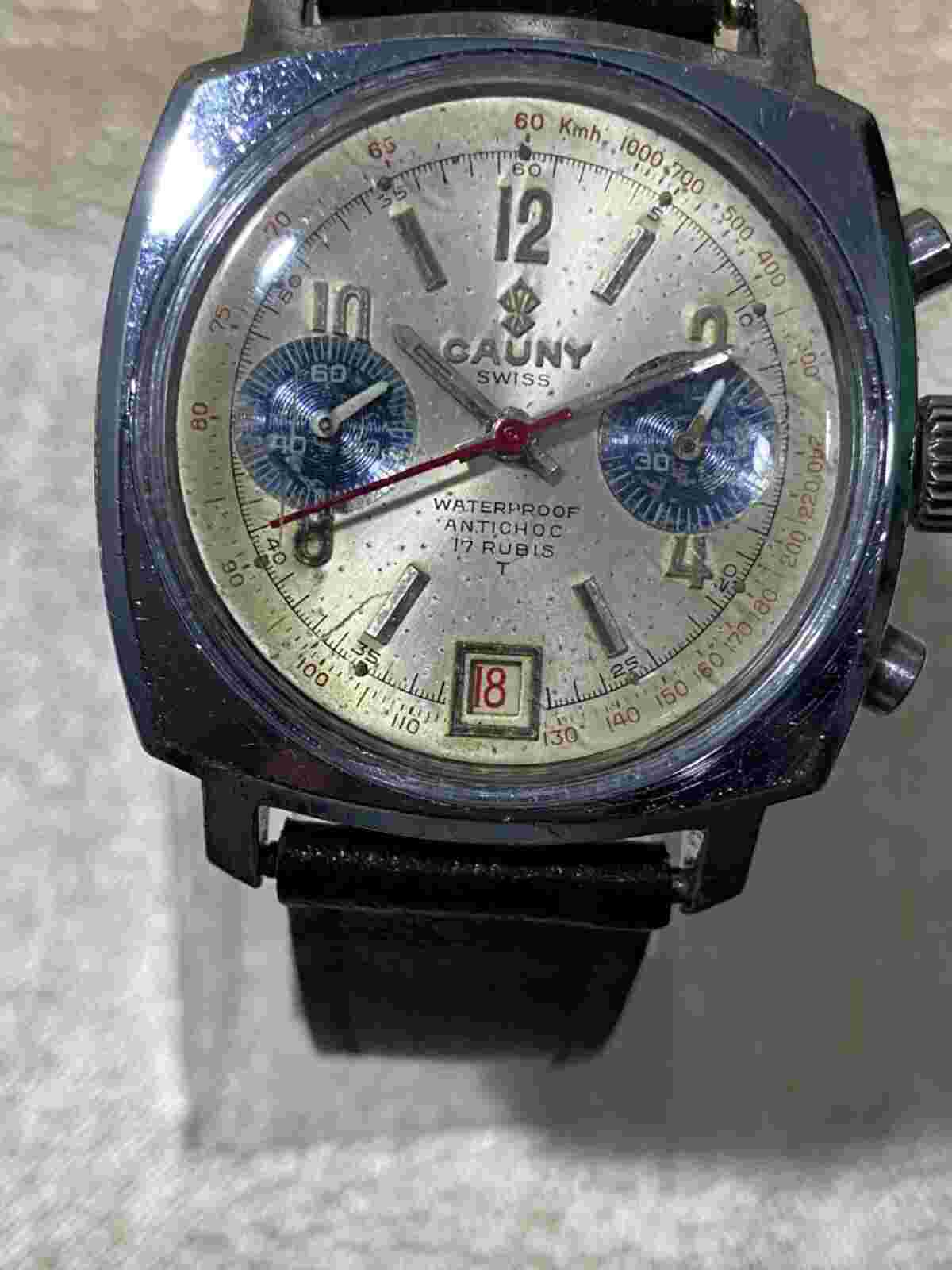 vintage chronograph cauny wristwatch mechanical panda swiss 7734.