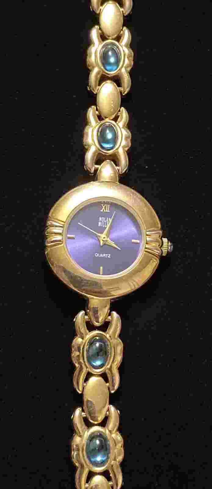 Vintage Nolan Miller Gold Tone Ladies Watch With Blue Cabochon Stones Glamour