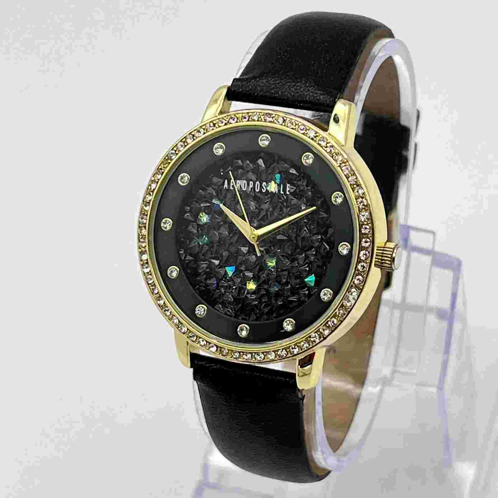 Ladies AEROPOSTALE Gold Tone, Textured Dial, Crystal Bezel, Black Band Watch