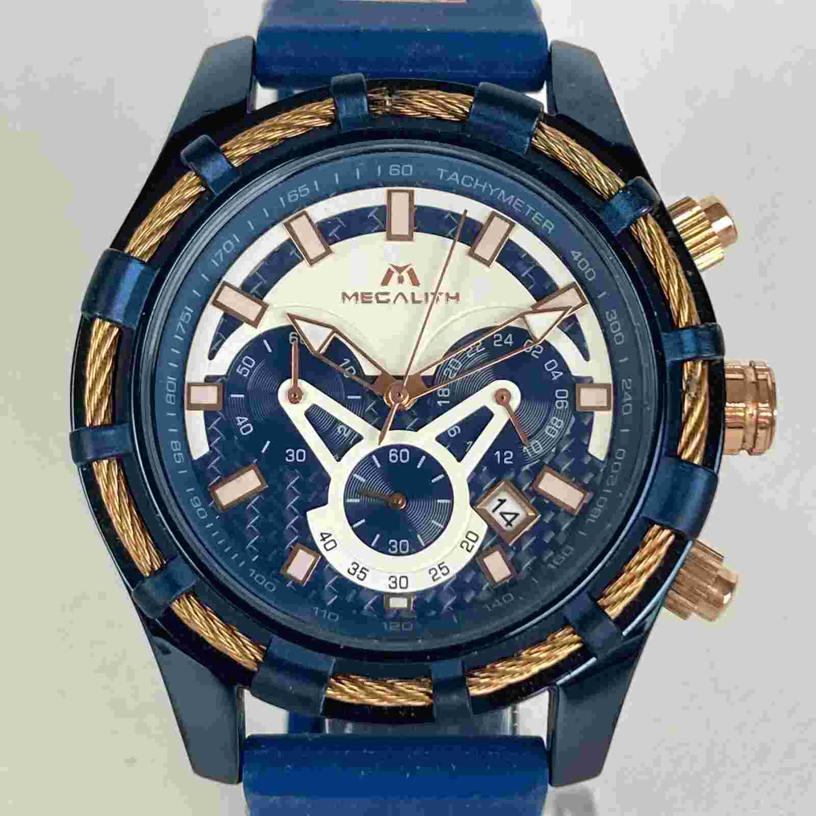 Megalith Chronograph Watch Men 47mm Rose Gold Tone Date Blue New Battery 9.75"
