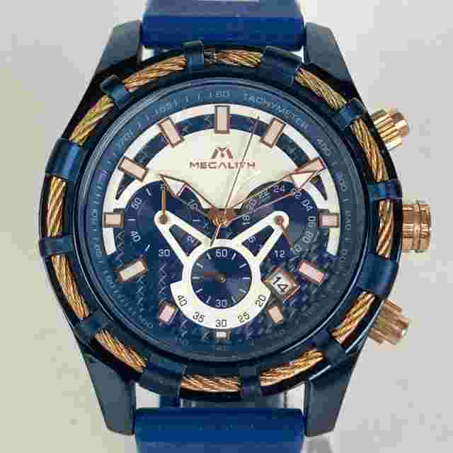 Megalith Chronograph Watch Men 47mm Rose Gold Tone Date Blue New Battery 9.75"