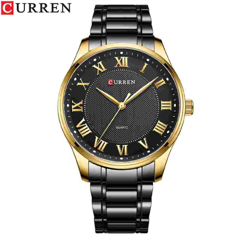 CURREN Men Watch Roman Numerals Gold Wristwatch Steel Strap Male Quartz Watches