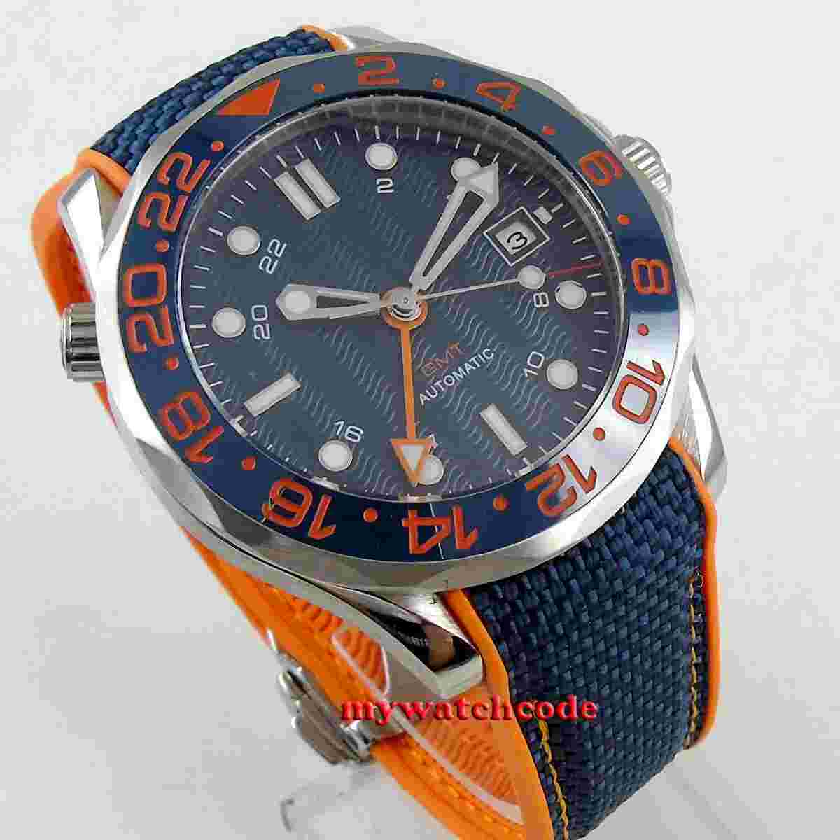 41mm bliger sterile navy blue dial GMT sapphire glass automatic mens watch B272