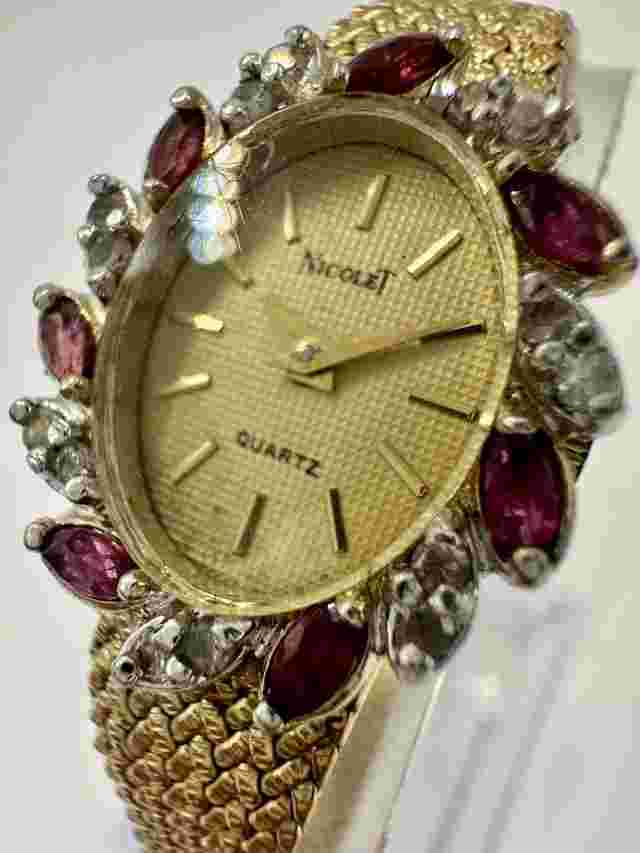 Nicolet Diamond Ruby Watch Women 17mm Gold Tone Oval Dial Vintage Stunning