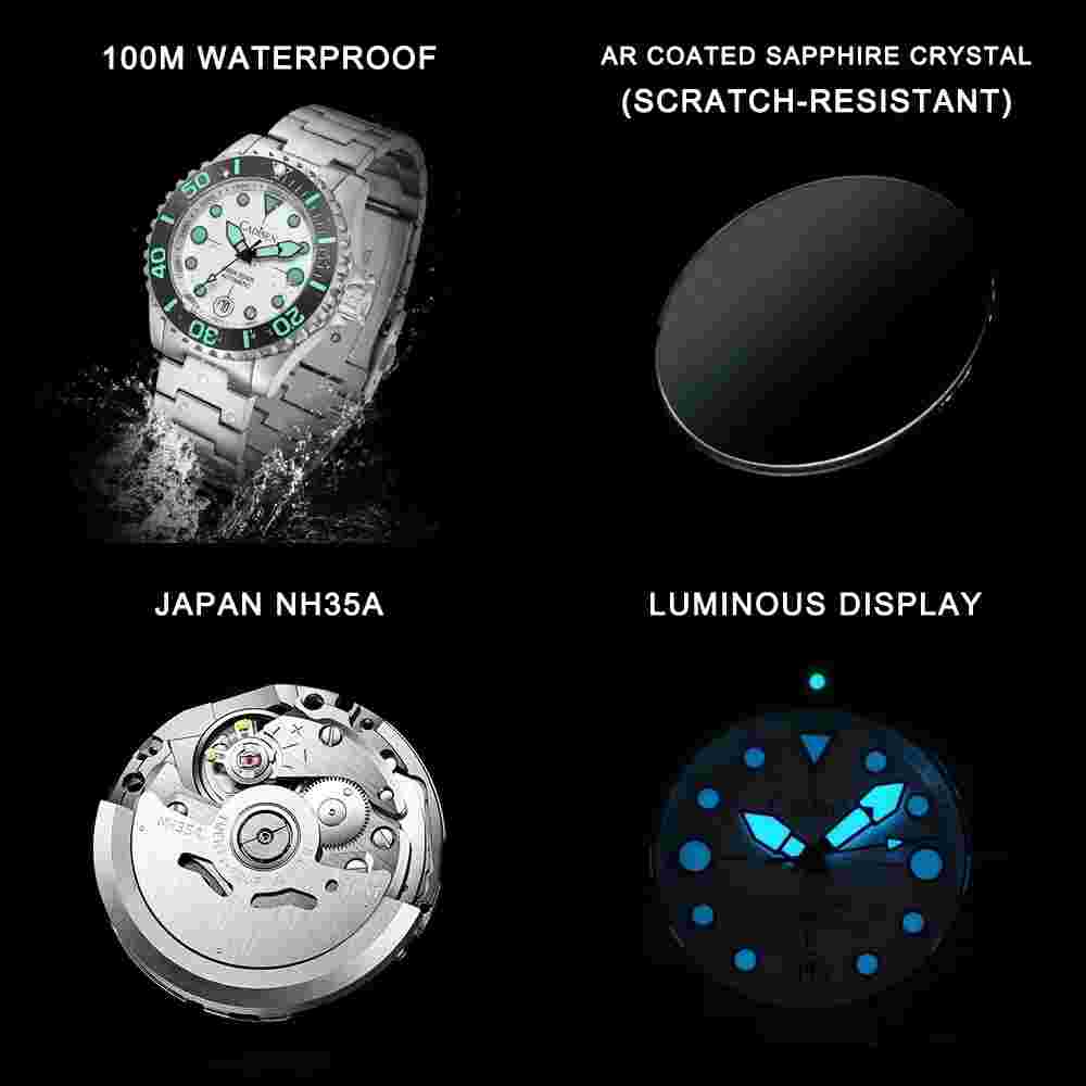 CADISEN AQUA DIVER Automatic Mens Watch 100M Waterproof Luminous Watches Men