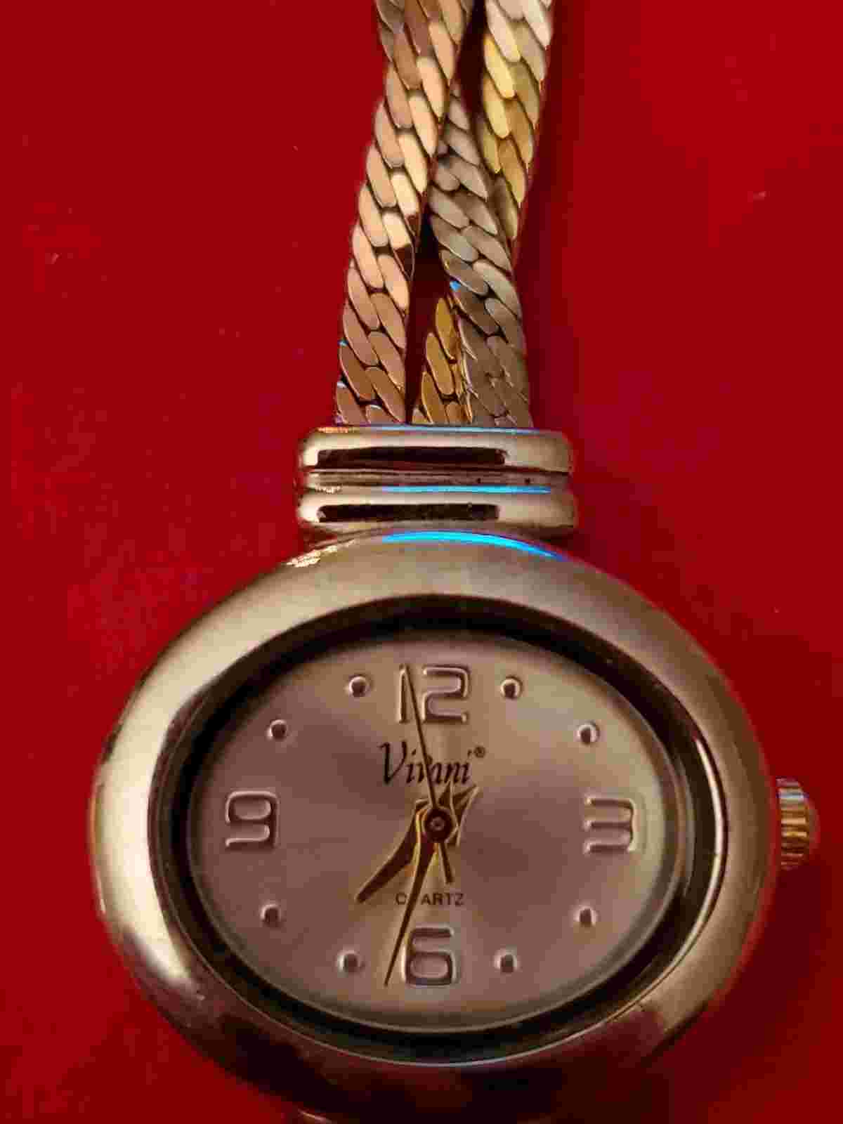Vintage Ladies Accutime Petite Wristwatch Dual Toned Gold And Silver Chain