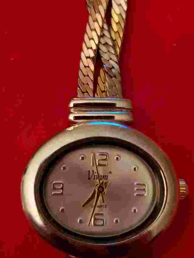 Vintage Ladies Accutime Petite Wristwatch Dual Toned Gold And Silver Chain