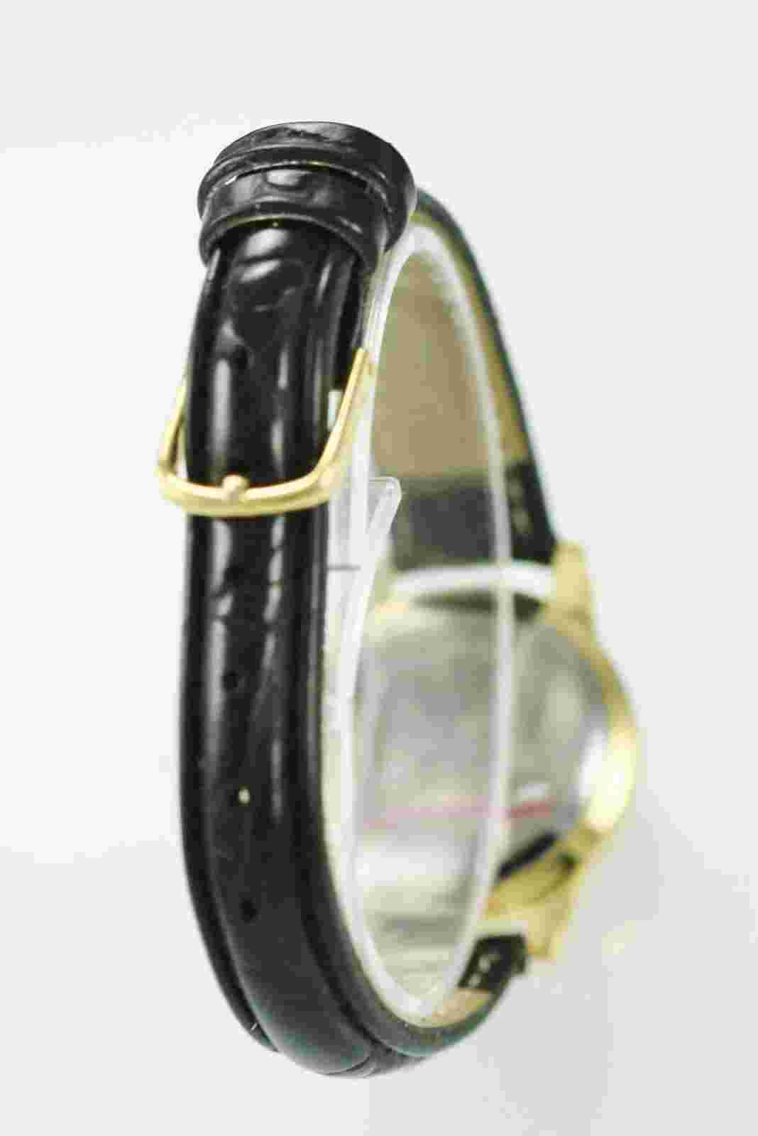 Times Square Womens Watch Gold Stainless Steel Black Leather Gray Pearl Quartz
