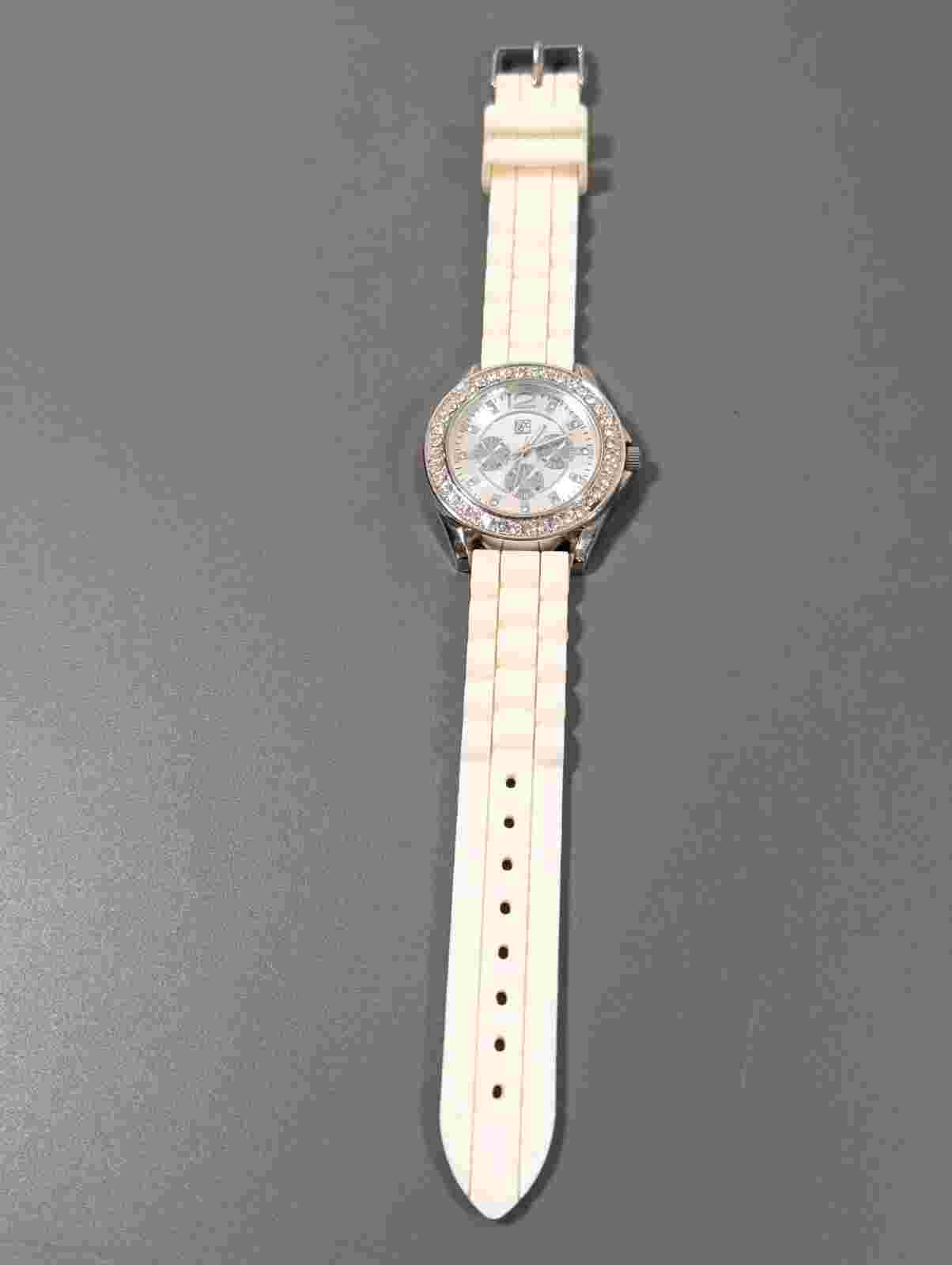NY&C Crystal White Jelly Watch Rubber Silicone Band Silver Tone Faux Chrono