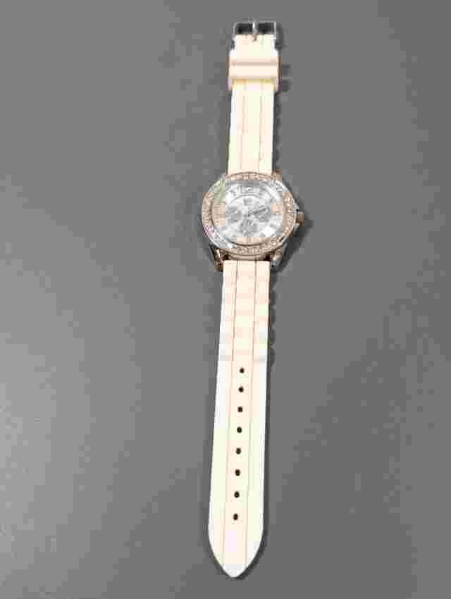 NY&C Crystal White Jelly Watch Rubber Silicone Band Silver Tone Faux Chrono