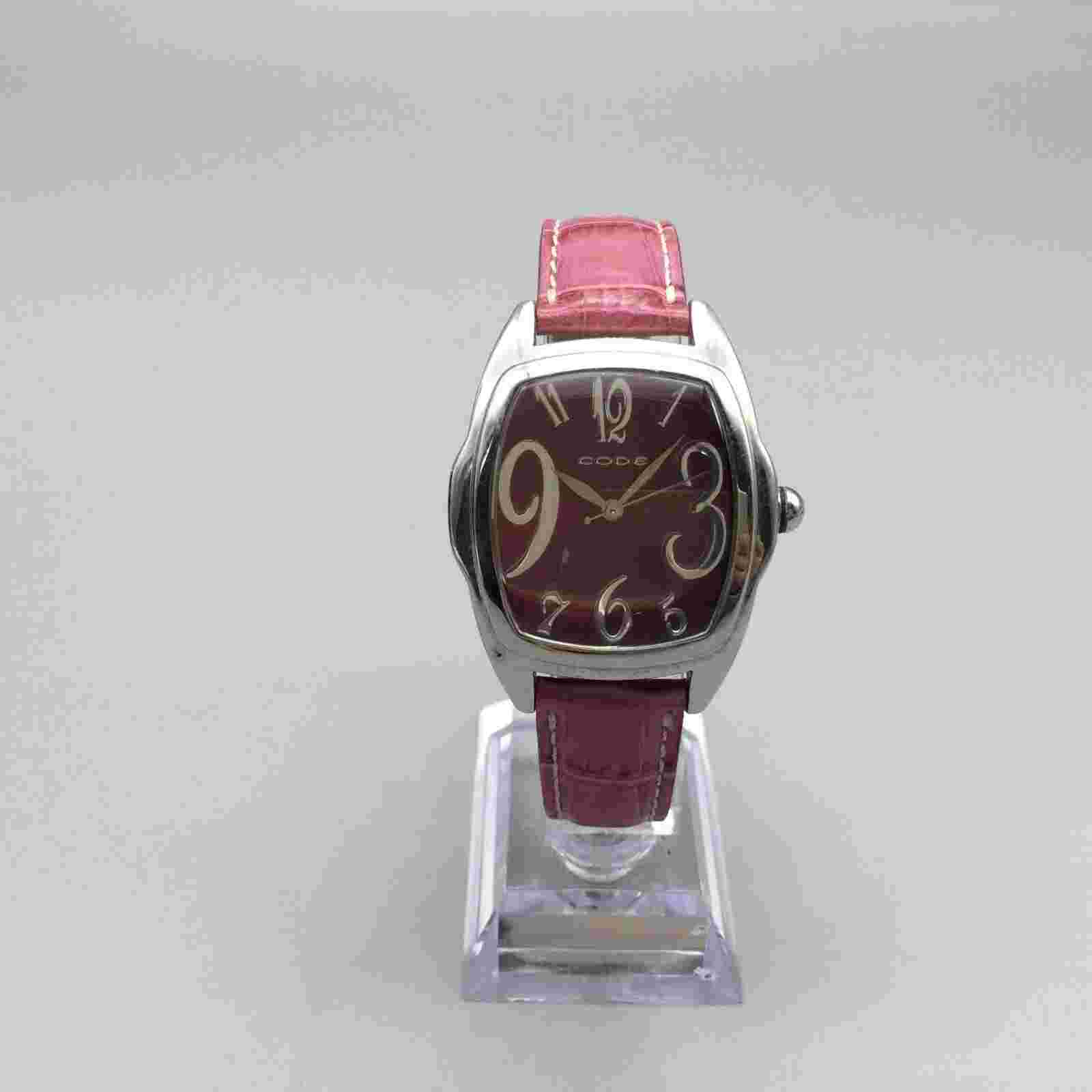 Code Watch Women 34mm Silver Tone Rectangle Dial Pink Leather Band New Battery