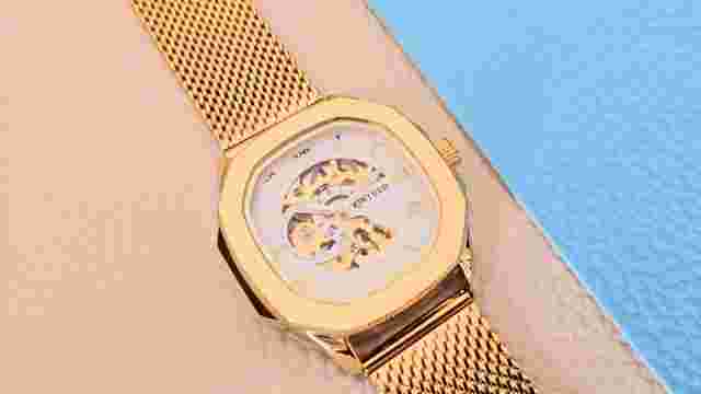 40mm Automatic Retro Skeleton Mechanical Watch Gold White Dial Mesh Strap Gift