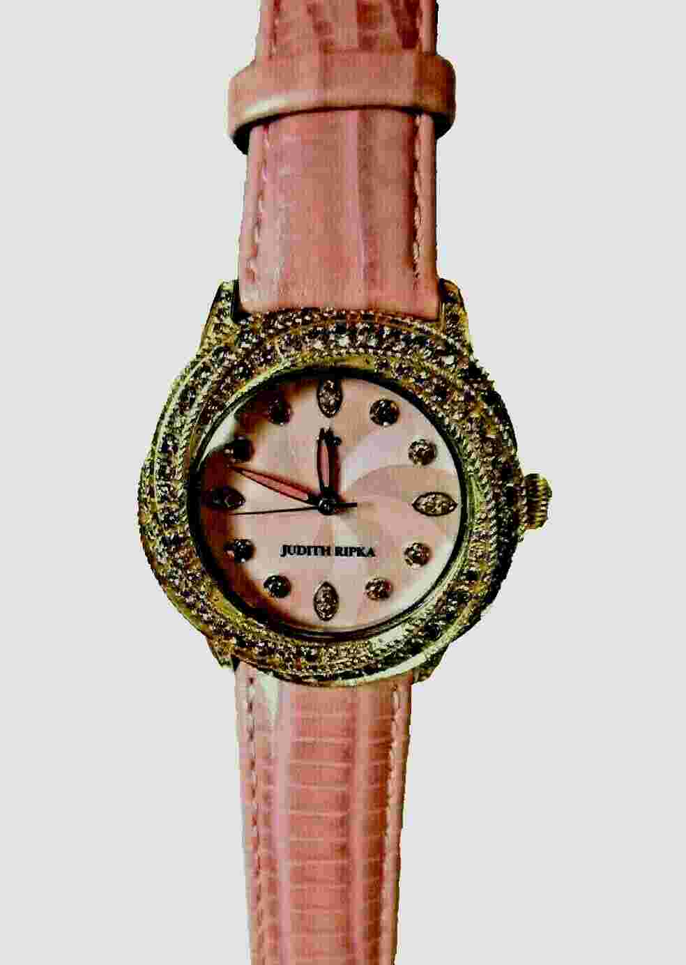 Judith Ripka MOP Dial Diamonique Croco Embossed Leather Pink Band TEMPEST Watch