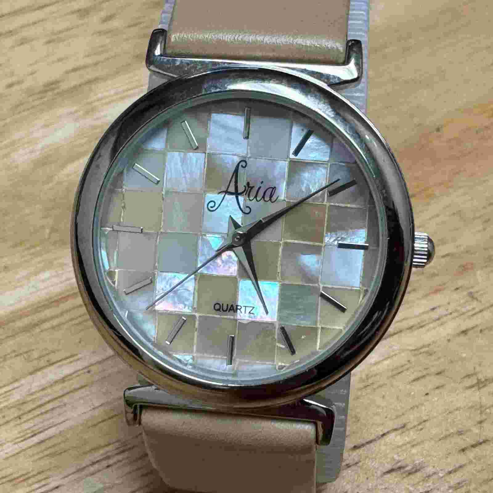 Vintage Aria Quartz Watch Unisex Silver MOP Mosaic Dial Leather New Battery