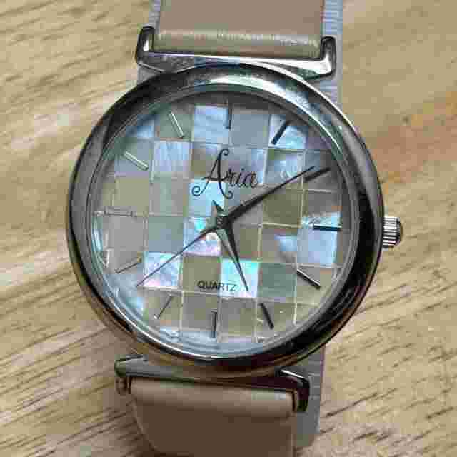 Vintage Aria Quartz Watch Unisex Silver MOP Mosaic Dial Leather New Battery