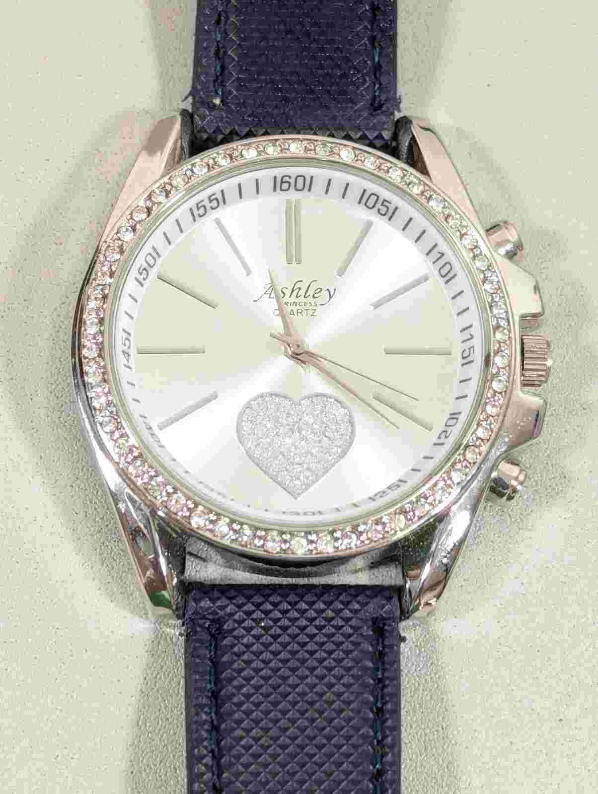 Ashley Princess Silver Tone Dial Round Case Crystal Accent Heart Blue Watch