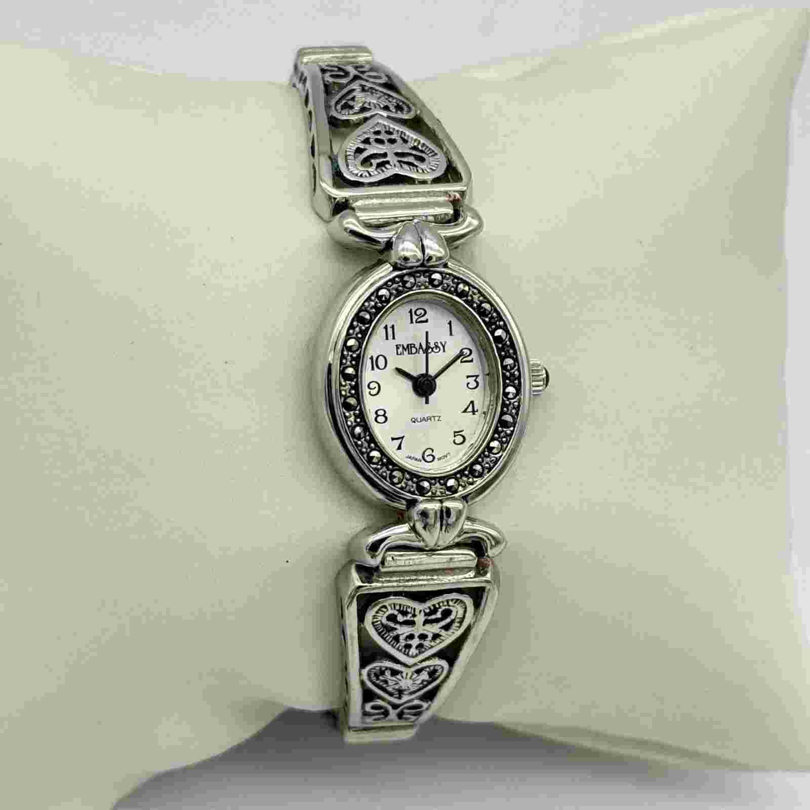 Women's EMBASSY Silver Tone & Marcasite, Heart Bracelet Watch, 19mm, Flex Band