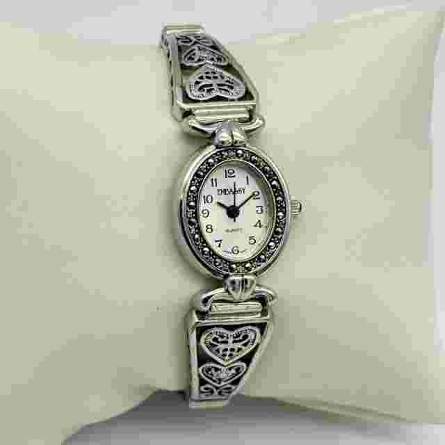 Women's EMBASSY Silver Tone & Marcasite, Heart Bracelet Watch, 19mm, Flex Band