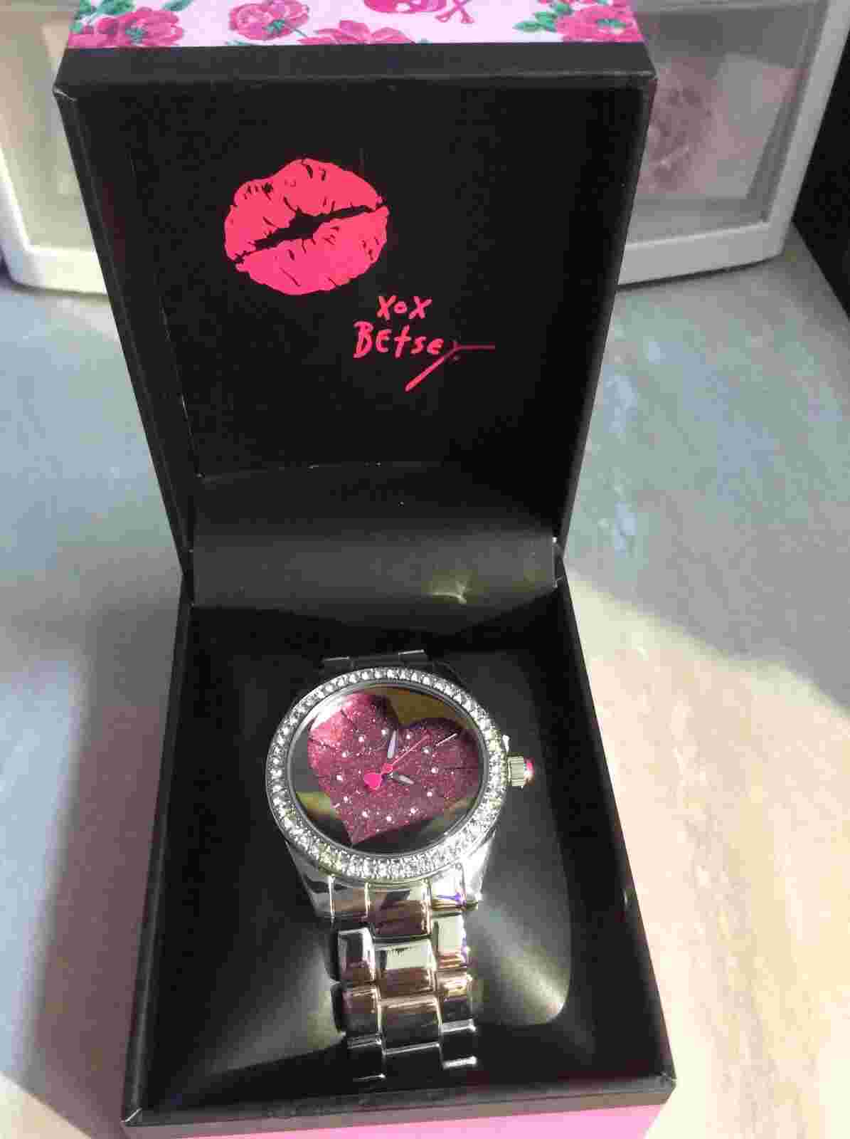 Betsey Johnson Silver Crystal Rhinestone Pink Glitter Heart Watch NIB Beautiful!