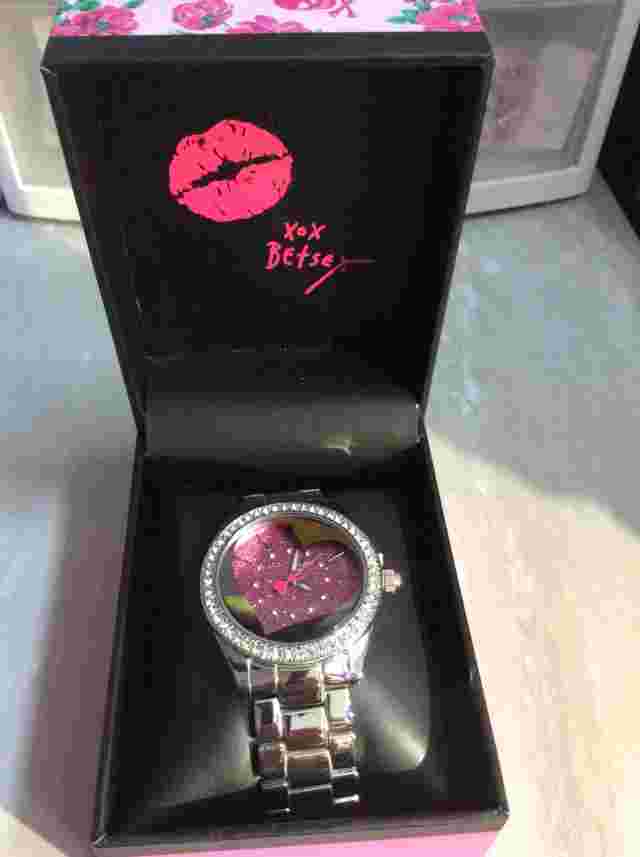 Betsey Johnson Silver Crystal Rhinestone Pink Glitter Heart Watch NIB Beautiful!