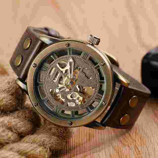 SHENHUA Men's Automatic Mechanical Skeleton Wrist Watch Leather Band Gift reloj