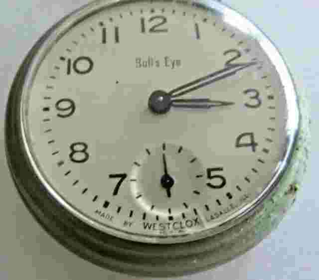 Westclox Bull's Eye working condition pocket watch with chain, glass faced USA