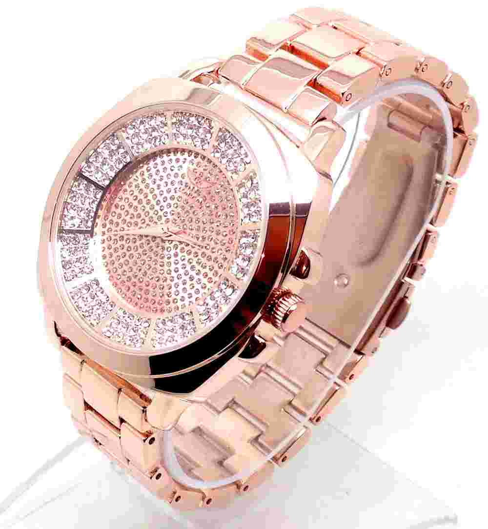 671A Men Celebrity Style Wrist Watch Rose Gold Band Bling Rhinestone Smart Dial