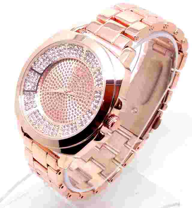 671A Men Celebrity Style Wrist Watch Rose Gold Band Bling Rhinestone Smart Dial