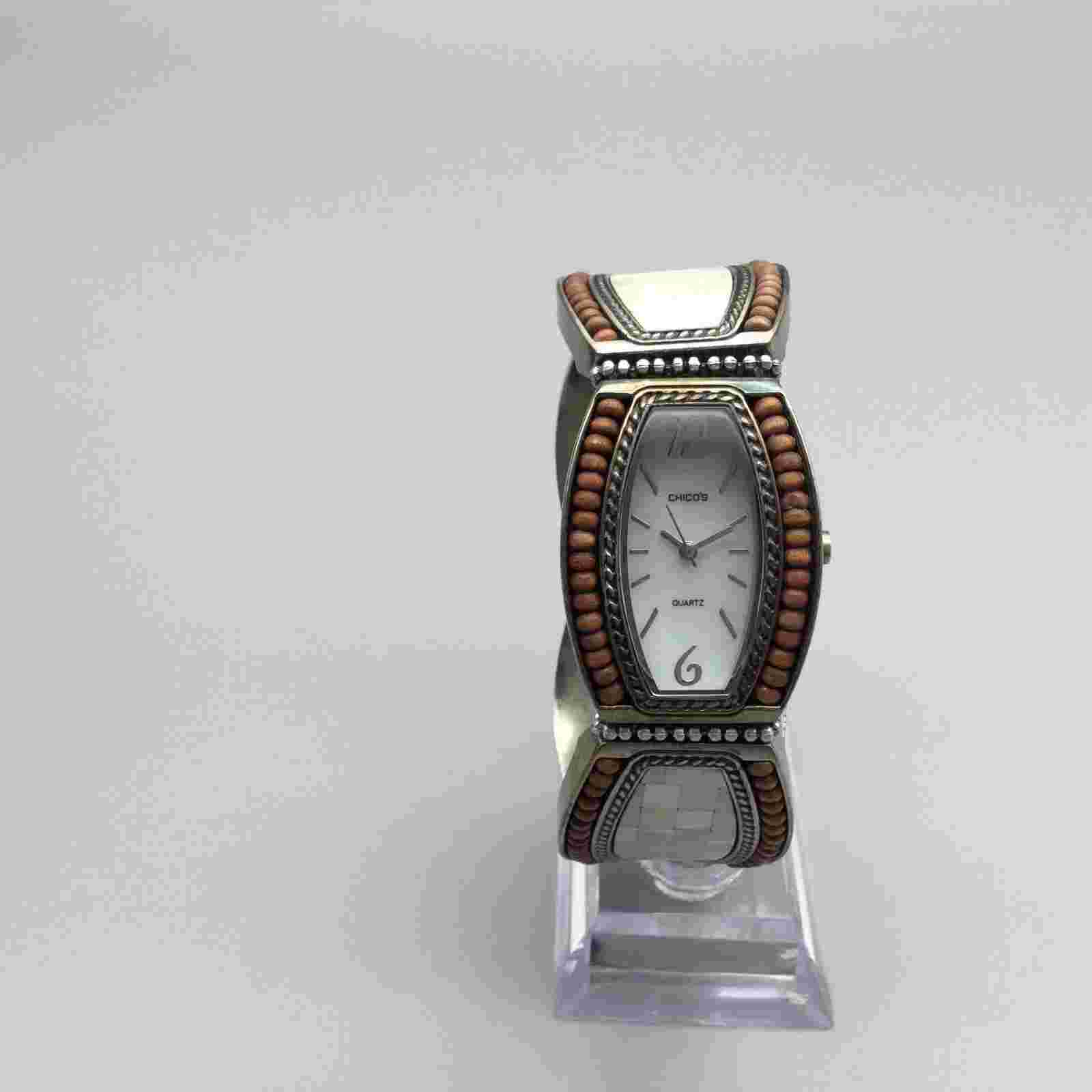 Chico's Watch Women 27mm Silver Tone MOP  Mosaic Hinged Open Cuff New Battery